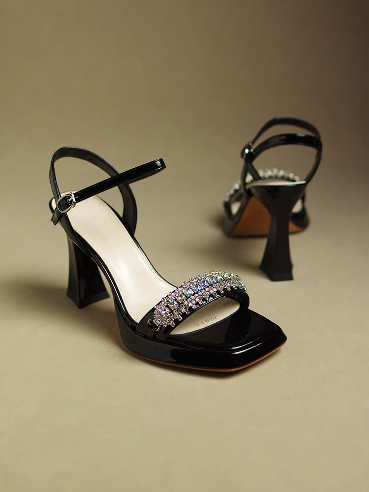 Giày Sandal Đúp 10cm Quai Ngang Đính Đá Pixie E264