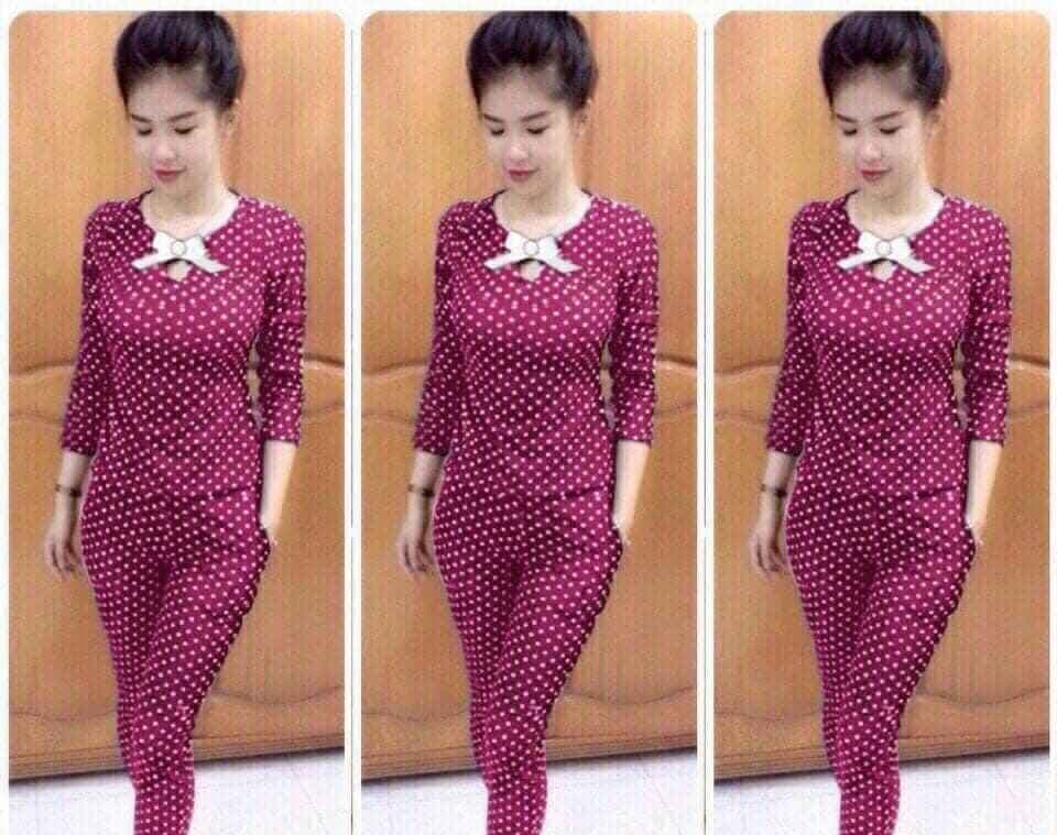 Set đồ bộ thun, quần lửng áo dài tay, họa tiết chấm bi, cổ giọt lệ đính nơ siêu xinh cho nữ