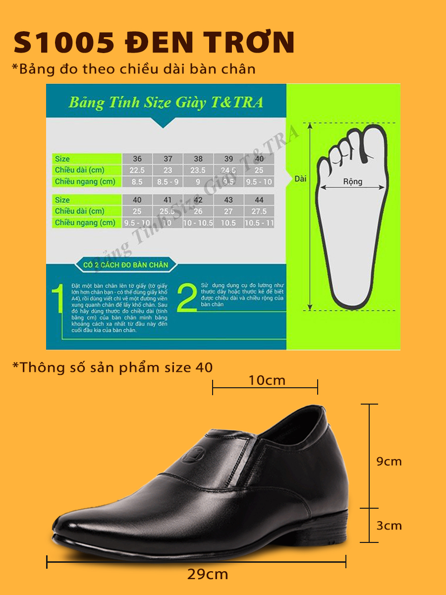 [ 6CM ] Giày Tăng Chiều Cao Nam T&TRA S1005 Đen Trơn