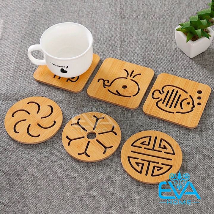 [HCM]Set 6 Đế Lót Ly Cốc Bằng Gỗ Cách Nhiệt Chống Trơn Trượt Hoạ Tiết Sang Trọng