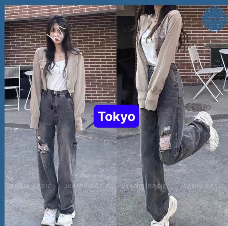 Quần jean ống suông rộng màu xanh đen rách cơ bản cạp lưng cao nâng mông phong cách xinh xắn dễ thương - Tokyo Fashion