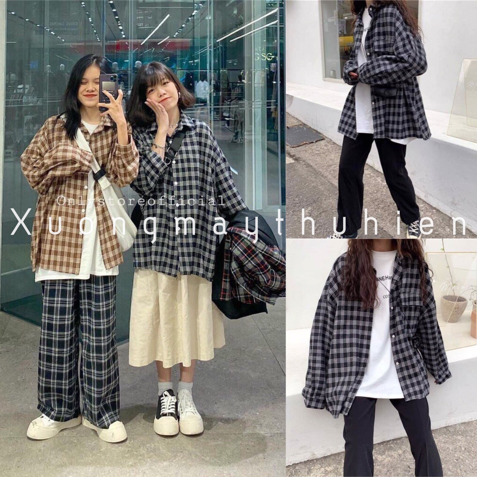 Áo sơ mi tay phồng họa tiết kẻ caro phom rộng unisex thời trang hàn quốc - xuongmaythuhien
