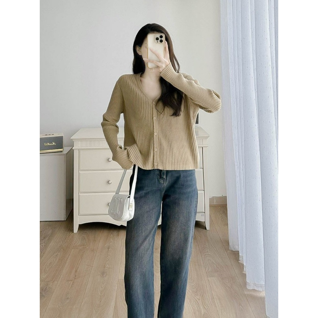Áo len cardigan dài tay cổ v thu đông, áo khoác len cổ v 5 cúc myan design a102335