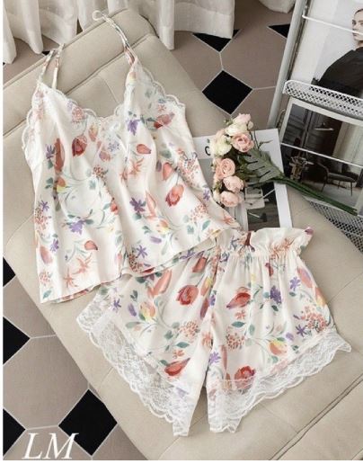 Hàng Quảng châu đẹp - Bộ ngủ 2 dây lụa phối ren cao cấp