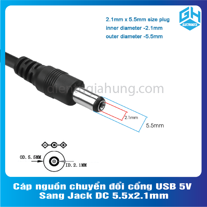 Cáp nguồn chuyển đổi cổng USB 5V Sang Jack DC 5.5x2.1mm