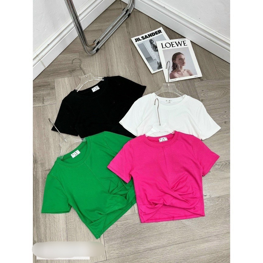 Áo thun gân nữ xoắn bụng ôm body tay ngắn croptop TU