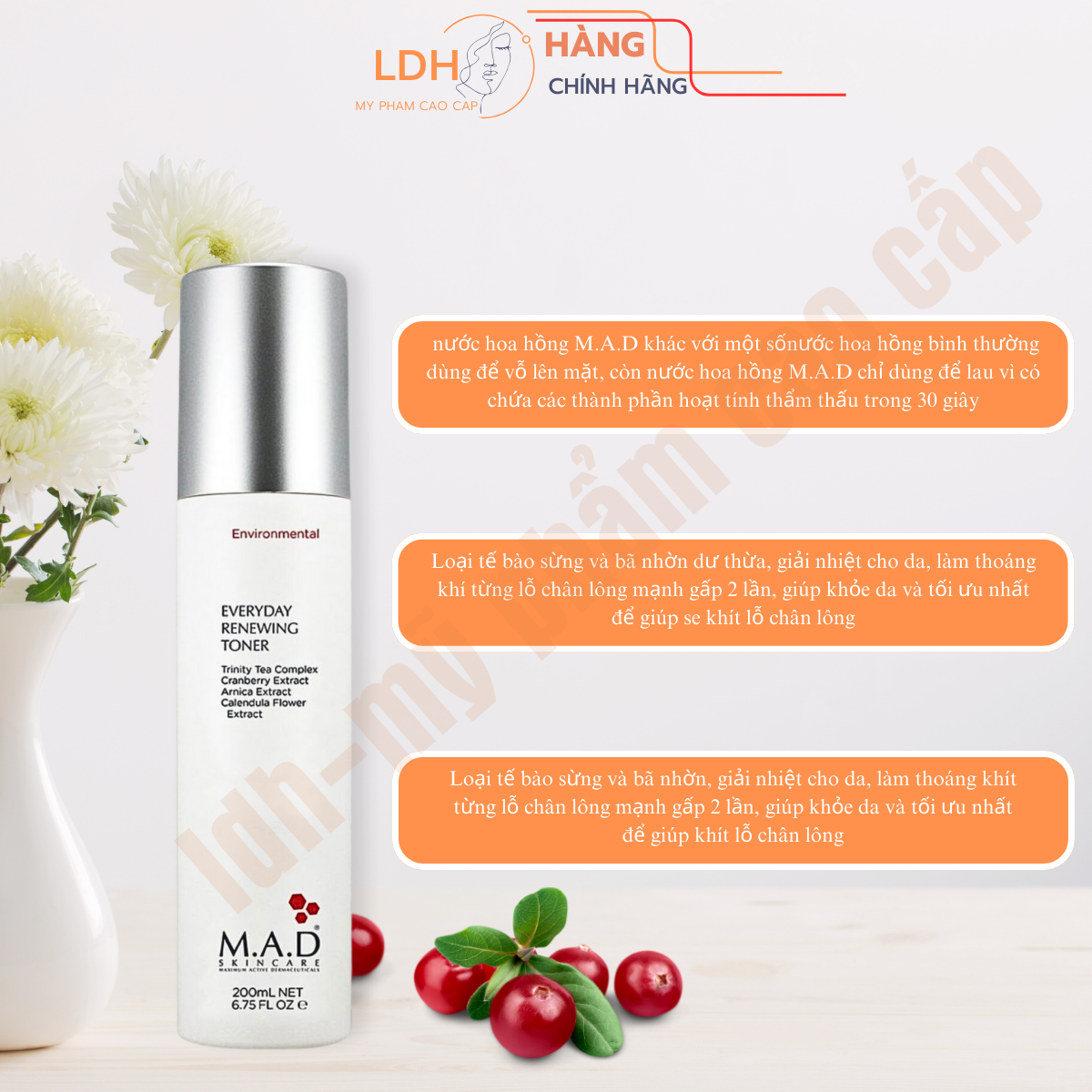 Nước hoa hồng thải độc và làm trắng da M.A.D(EVERYDAY RENEWING TONER)200ml
