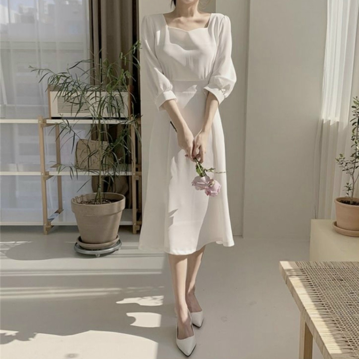Đầm cổ V thắt nơ 2 màu