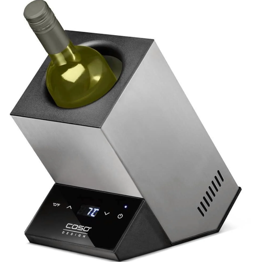 CASO WineCase One Inox Design Wine Cooler for One Bottle, Temperature Range from 5-18°C, for Bottles up to 9 cm Diameter, Sensor Touch Operation, Stainless Steel Housing, Small