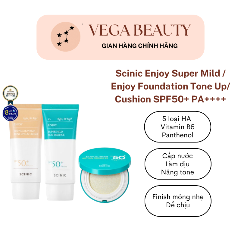 Kem chống nắng Scinic Enjoy Super Mild/ Enjoy Foundation Tone Up/ Enjoy All Round Airy Sun Cushion EX SPF50+