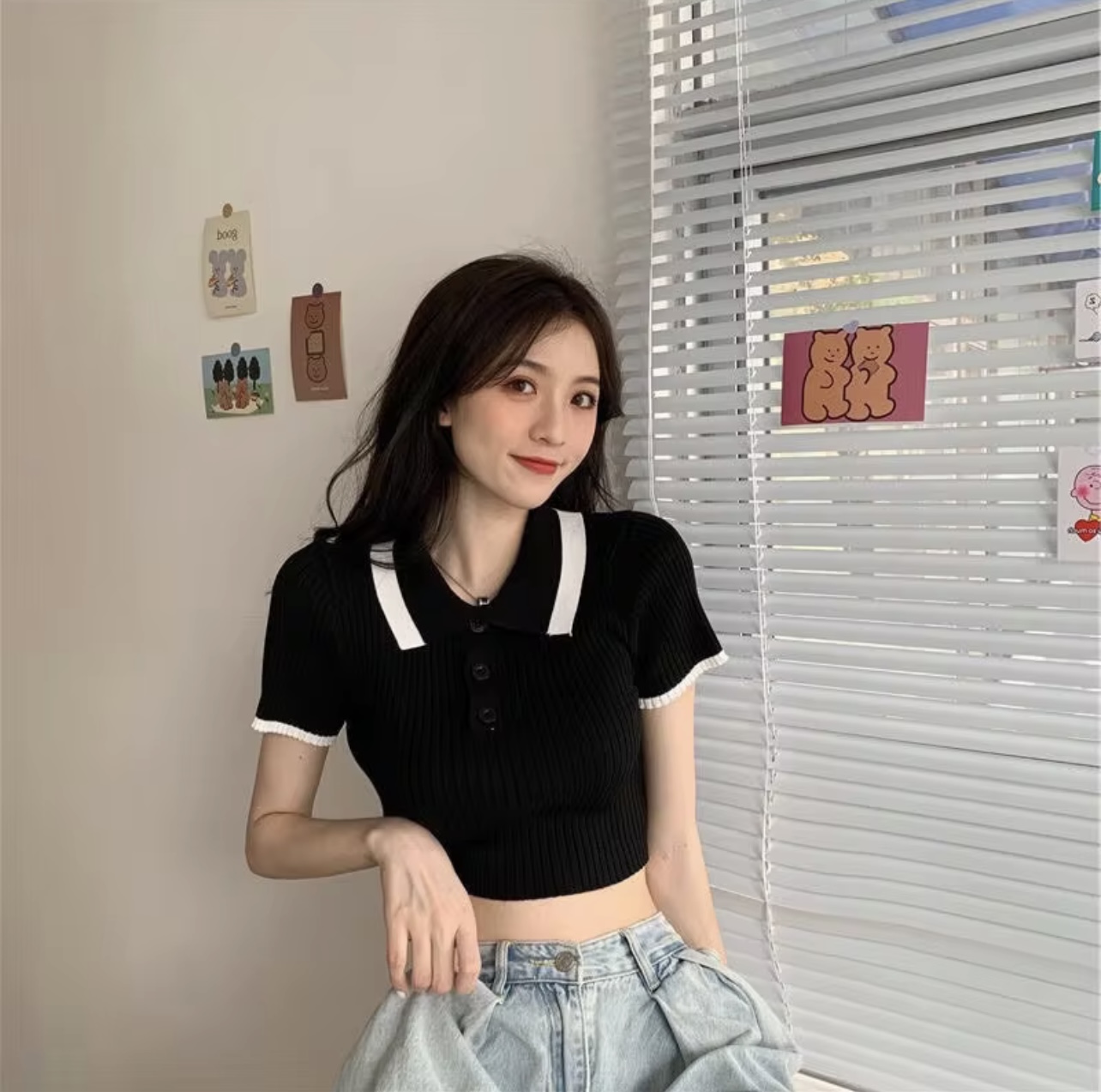 Áo Thun Nữ Áo Kiểu Nữ Cổ Lá Phối Nút Vải Gân Co Giãn Tốt Ôm Body mềm mịn mát phối đồ siêu xinh đi cafe đi chơi đều xinh