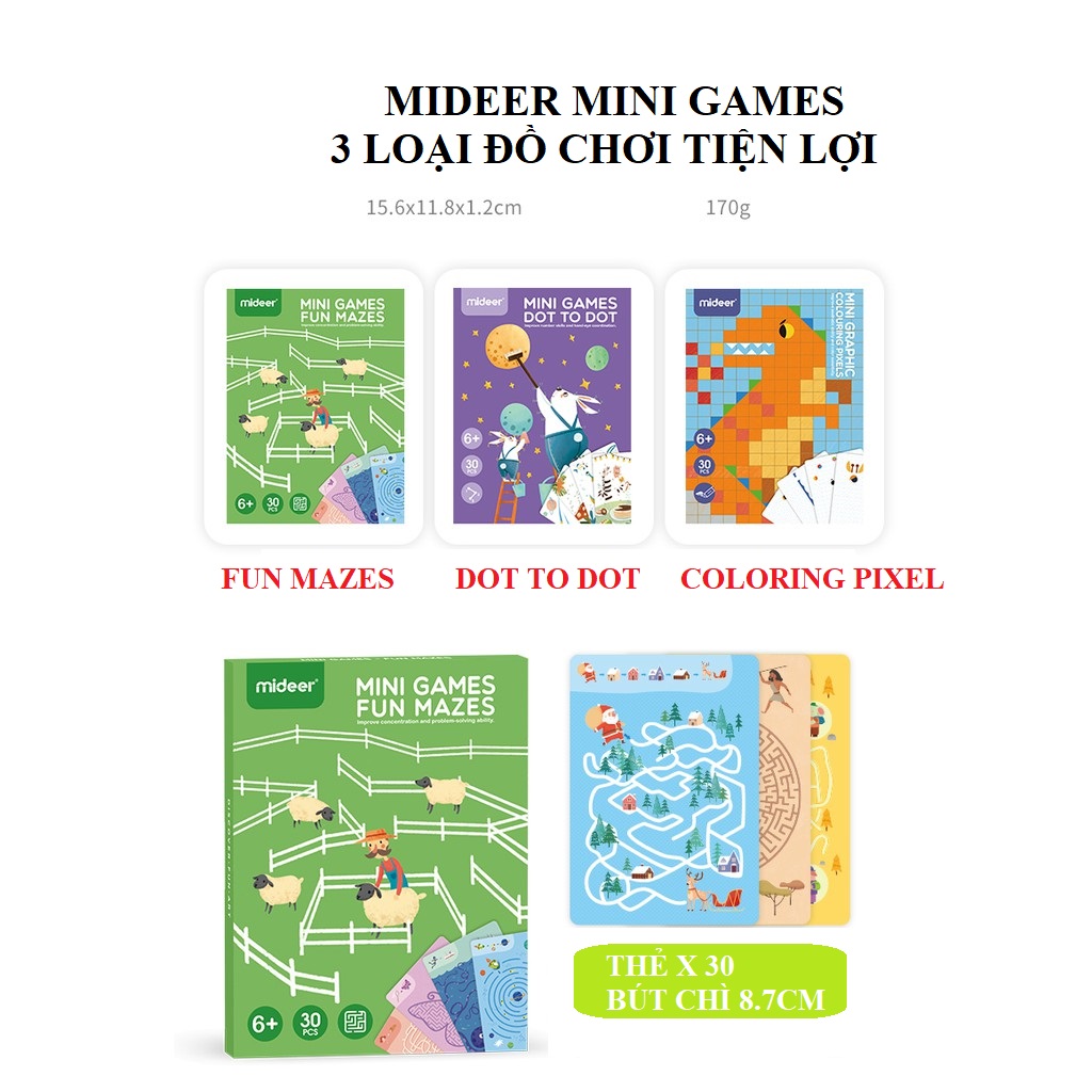 HCMTẶNG KÈM BÚT CHÌ MIDEER Mini Game 3 chủ đề - Fun Mazes - Dot to Dot -