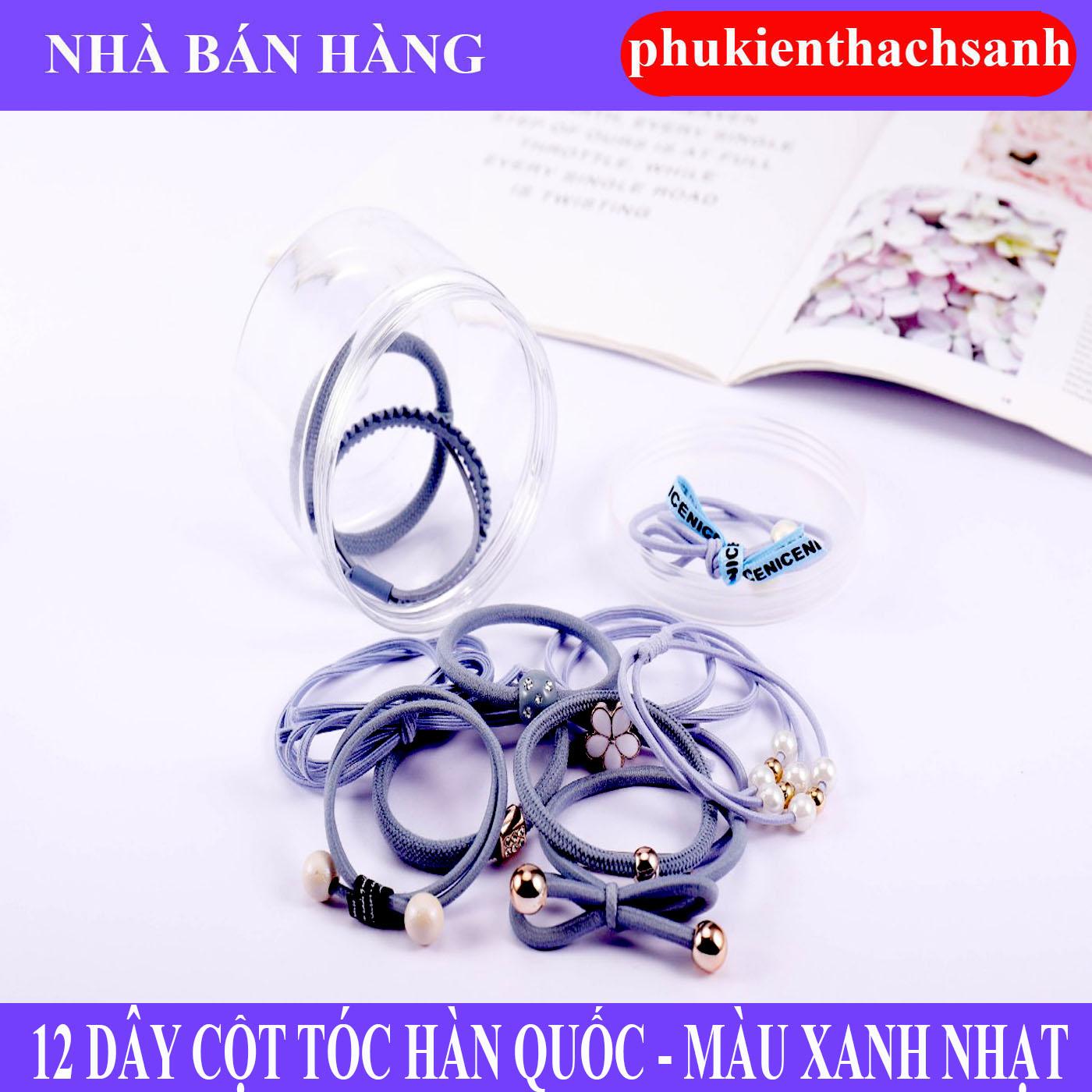 Bộ dây thun cột tóc Hàn Quốc 12 họa tiết ( Xanh nhạt - Gồm Hộp)