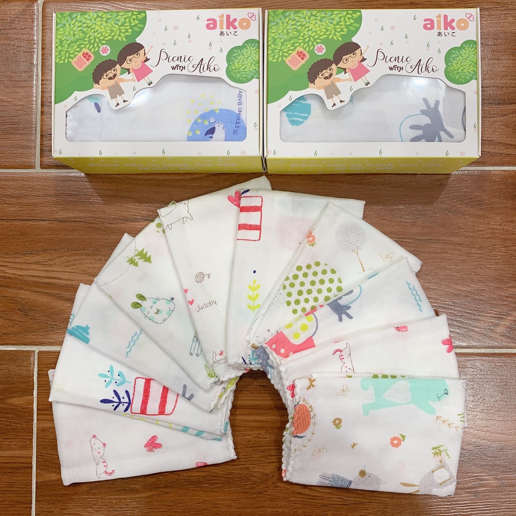 Hộp 10 khăn sữa in hình cao cấp aiko cho bé - khăn xô size 25x30cm - việt nam u1520