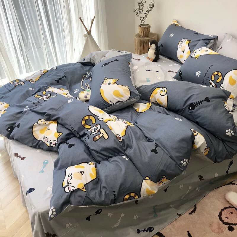 Bộ Chăn Ga Gối Mèo Ú Cotton Poly