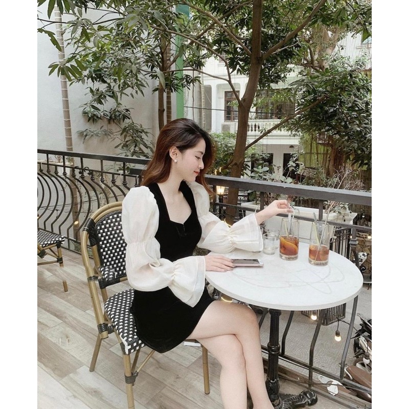Đầm đen phối tay trắng
