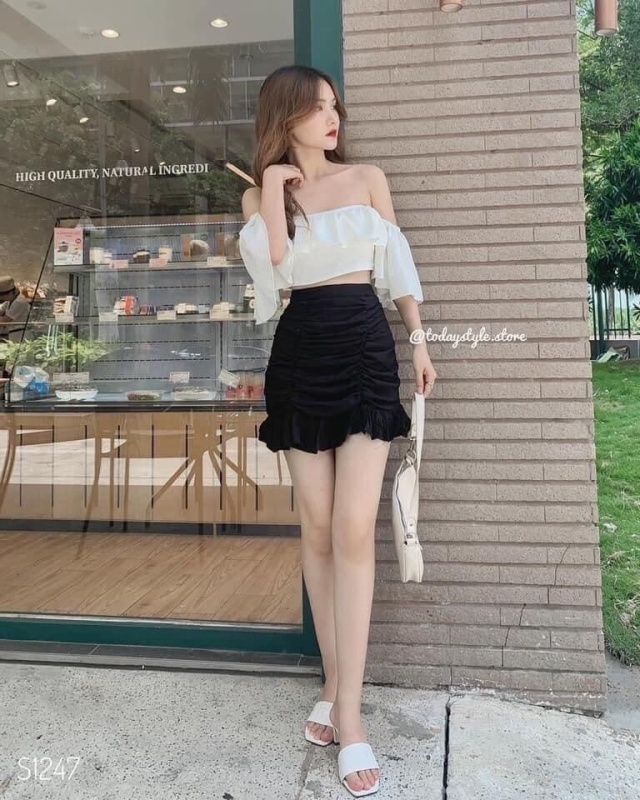 Sét Áo Nhún 2 Lớp Trễ Vai & Chân Váy ( Có Lót ) Thời Trang ZOON