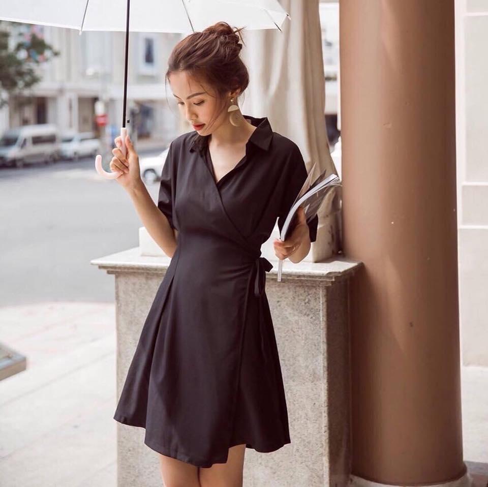 [HCM]Đầm sơ mi đen đắp tà