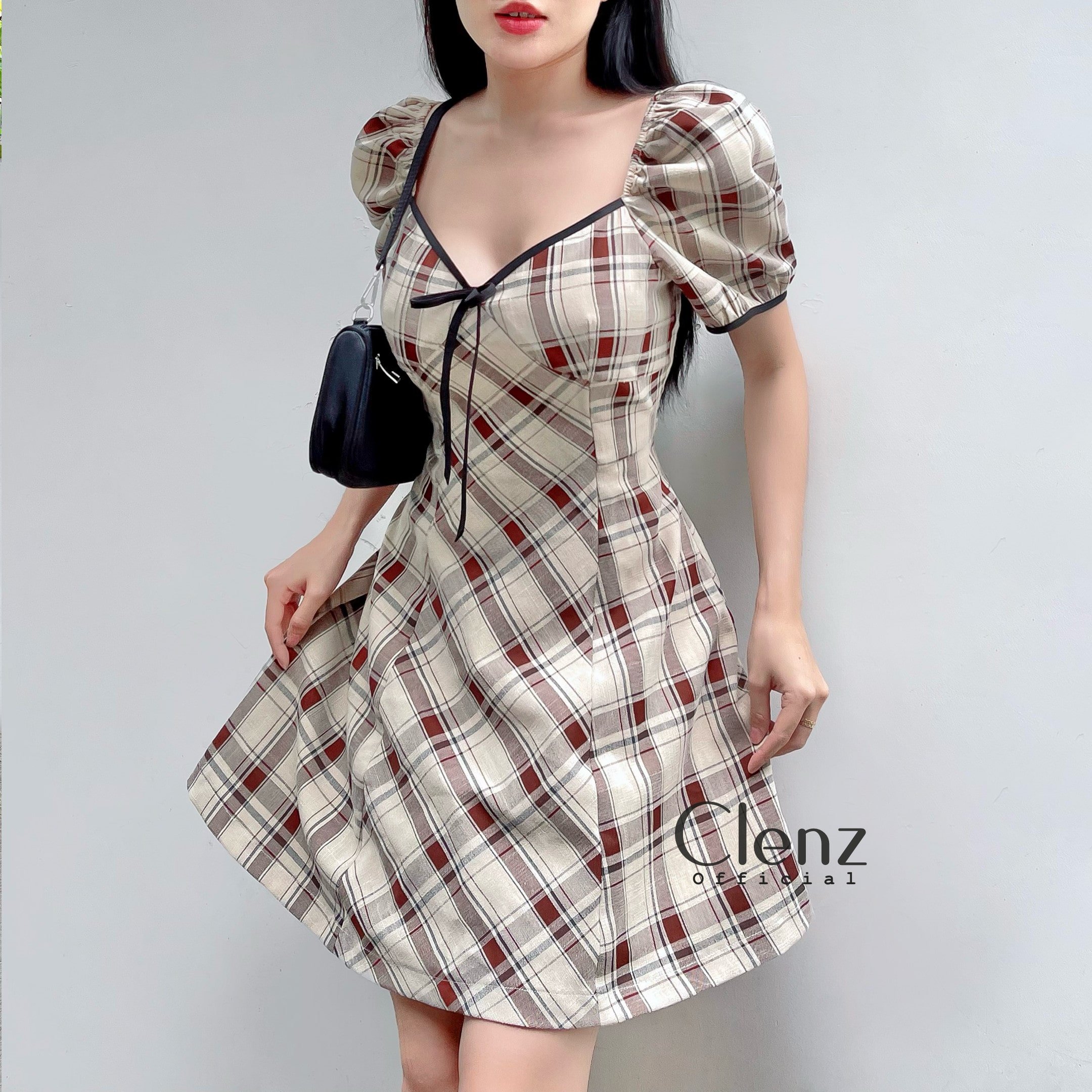 [ Clenz - Váy thiết kế cao cấp ] Đầm caro tay bồng dạo phố D10