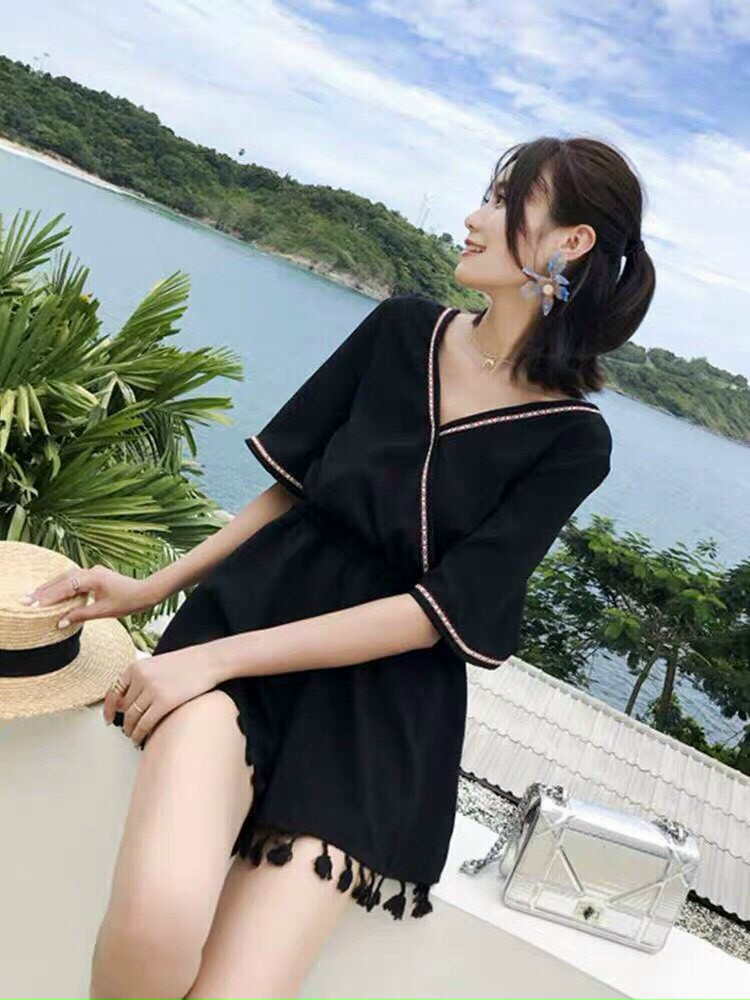 Jum nữ đùi tay loe phối viền cổ V cột nơ lưng #jumdui