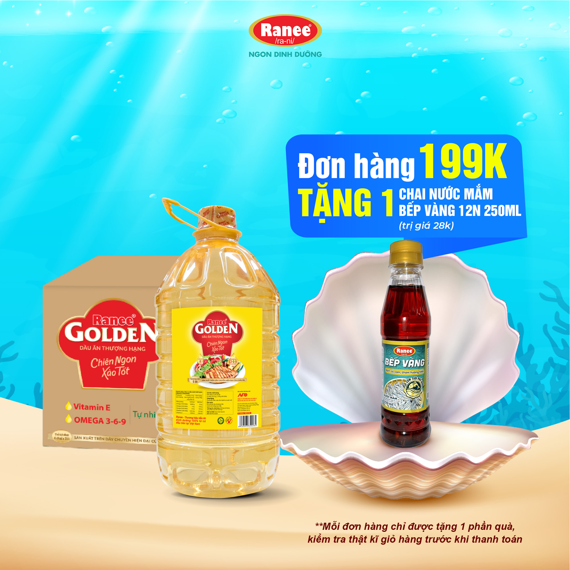 {Đơn 199k tặng hộp chai nước mắm -399k tặng vá gỗ} Thùng dầu ăn Ranee Golden 5 lít (5 lít/chai x 4 chai)