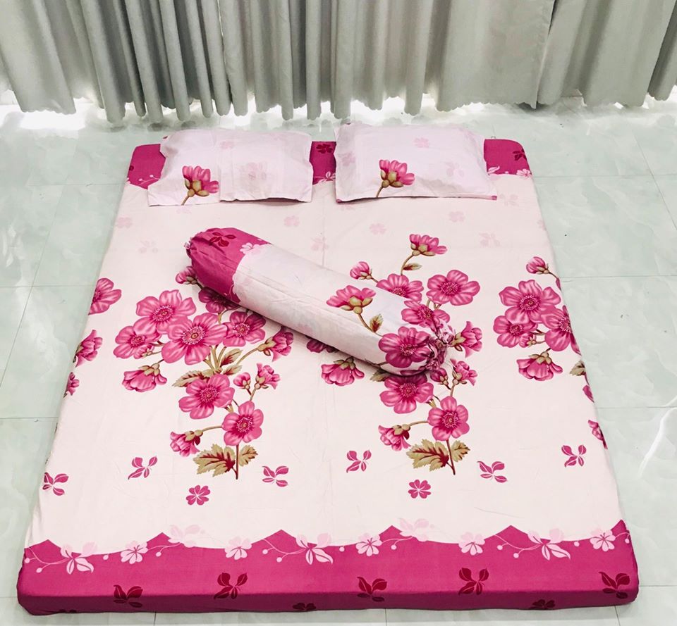 Bộ ga gối kèm vỏ gối ôm 4 món,vải cotton poly họa tiết hoa đào Bà Béo  Kho chăn ga gối, ga giường, drap giường
