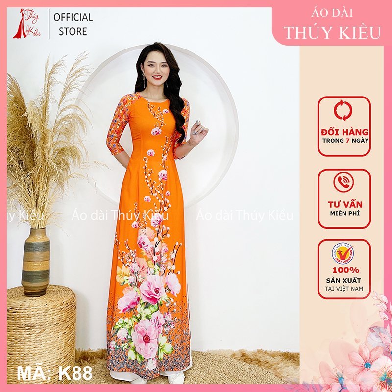 Áo dài nữ may sẵn thiết kế đẹp nền cam hoa đào cách tân tết K88 Thúy Kiều mềm mại, co giãn, áo dài giá rẻ