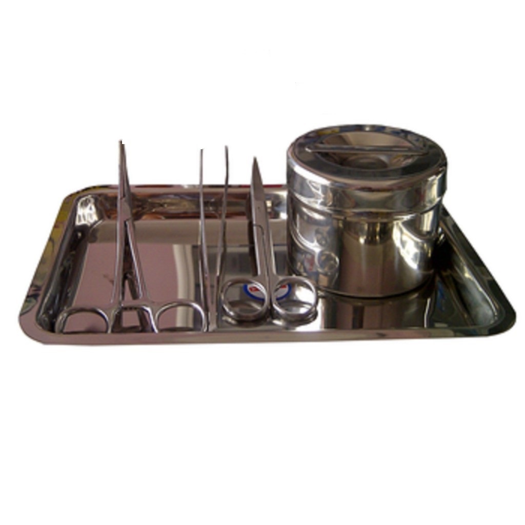 Bộ dụng cụ y tế gia đình cơ bản - 1 khay inox 17 x23, 1 nhíp 14 không mấu, 1 kéo 16 nhọn, 1 panh 16 thẳng không mấu, 1 hộp  gòn inox đúc Φ7.5