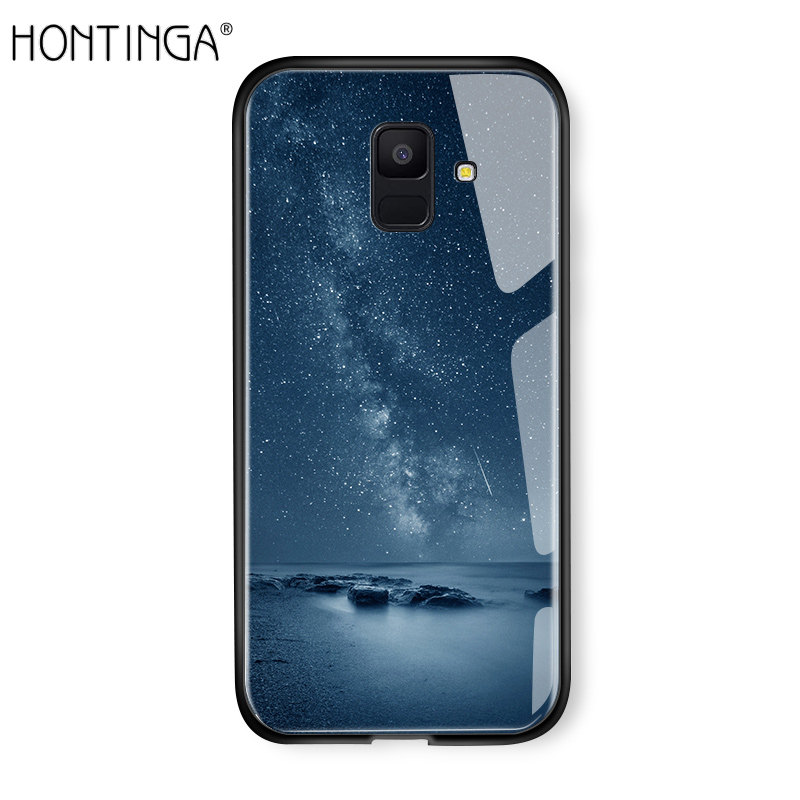 Hontinga For Samsung A8 2018 A530 Case Fantasy Space Luxury Aurora Moon Starry Elk Casingg Shockproof Galaxy Case Tempered Glass Phone Case Back Cove