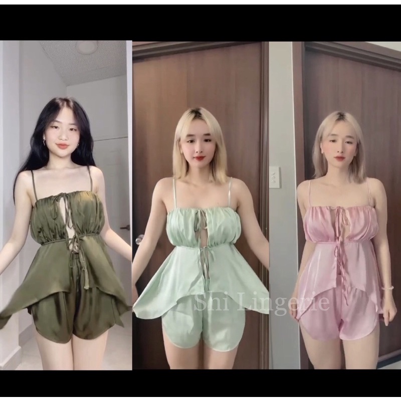 Bộ ngủ lụa cột dây vạt xéo [Shi.Lingerie]