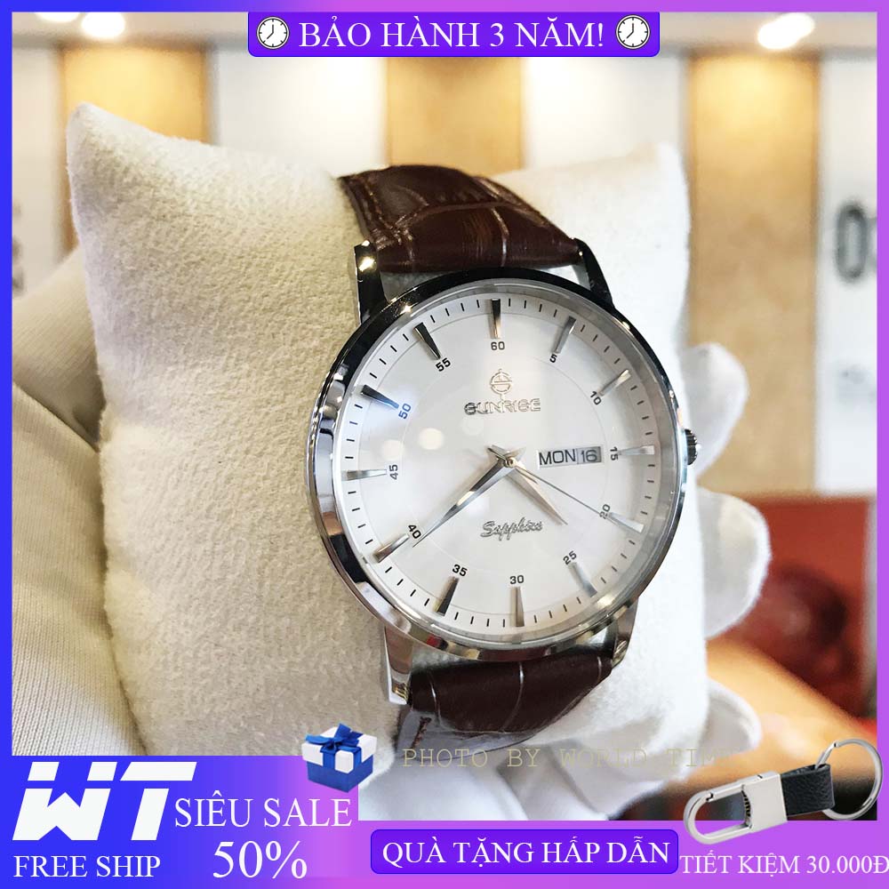 Đồng hồ pin, đồng hồ nam Sunrise DM1216SWA, full hộp, thẻ bảo hành hãng, kính sapphire chống xước, chống nước, dây da