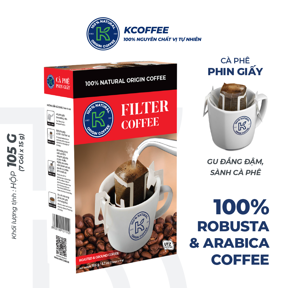 Cà Phê Phin Giấy Nguyên Chất K Filter 105g (Hộp 7 gói x 15g) - Thương Hiệu K COFFE2