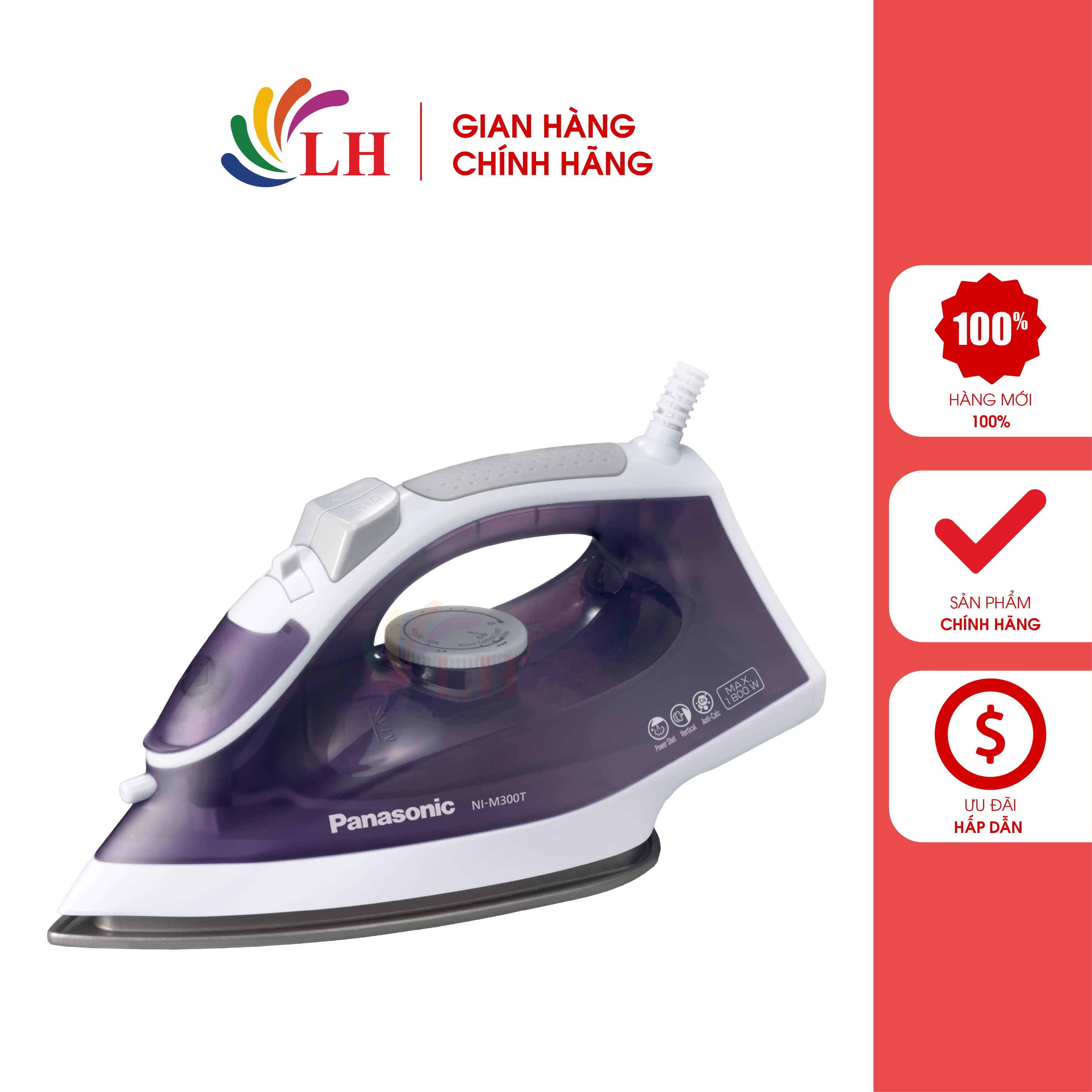 Bàn ủi hơi nước Panasonic NI-M300T - Hàng chính hãng - Công suất 1800W, hơi nước mạnh mẽ loại bỏ các nếp nhăn, mặt đế phủ Titanium cao cấp, núm điều chỉnh nhiệt