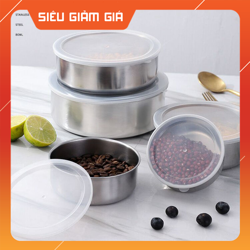 [ BAO CHẤT LƯỢNG ] Bộ 5 hộp đựng thực phẩm bằng inox có nắp đậy cao cấp- hộp đựng thực phẩm quay lò vi sóng ( màu bạc)