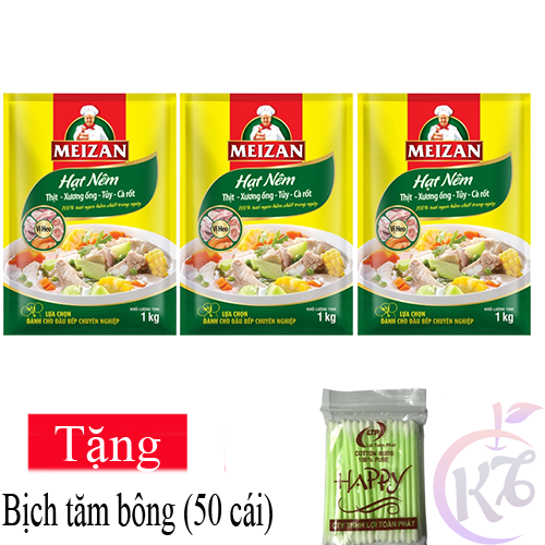 Combo 3 bịch Hạt nêm Meizan bịch 1kg vị thịt heo Tặng 1 bịch tăm bông - hạt nêm thịt - xương ống - tủy - cà rốt - gia vị thượng hạng nguyên chất