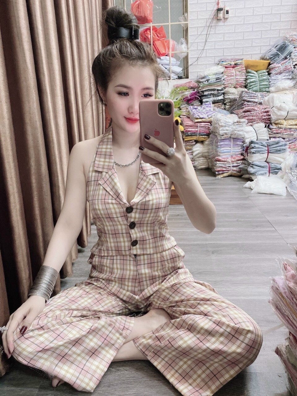 Set bộ nữ caro áo cổ yếm sơ mi kèm quần dài #setbocaro