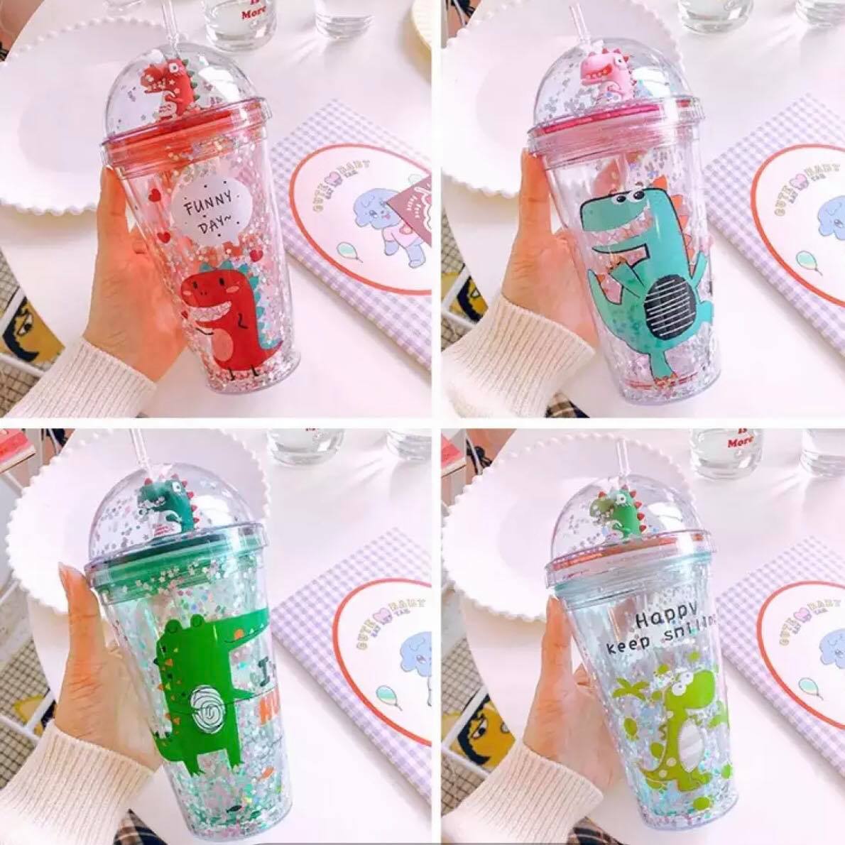 [HCM]LY GIỮ NHIỆT NHỦ KIM TUYẾN 3D HÌNH KHỦNG LONG 2 LỚP CÁCH NHIỆT NHIỀU MÀU SẮC CUTE TẶNG KÈM ỐNG HÚT