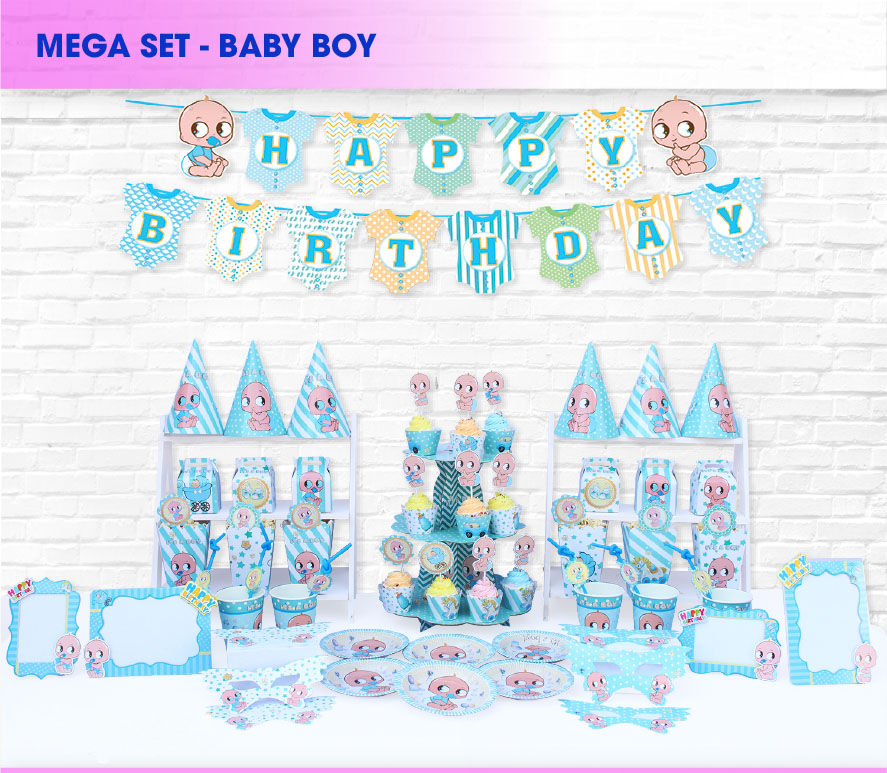 Set Mega Bàn Tiệc Trang Trí Sinh Nhật Dành Cho Bé Ép Kim