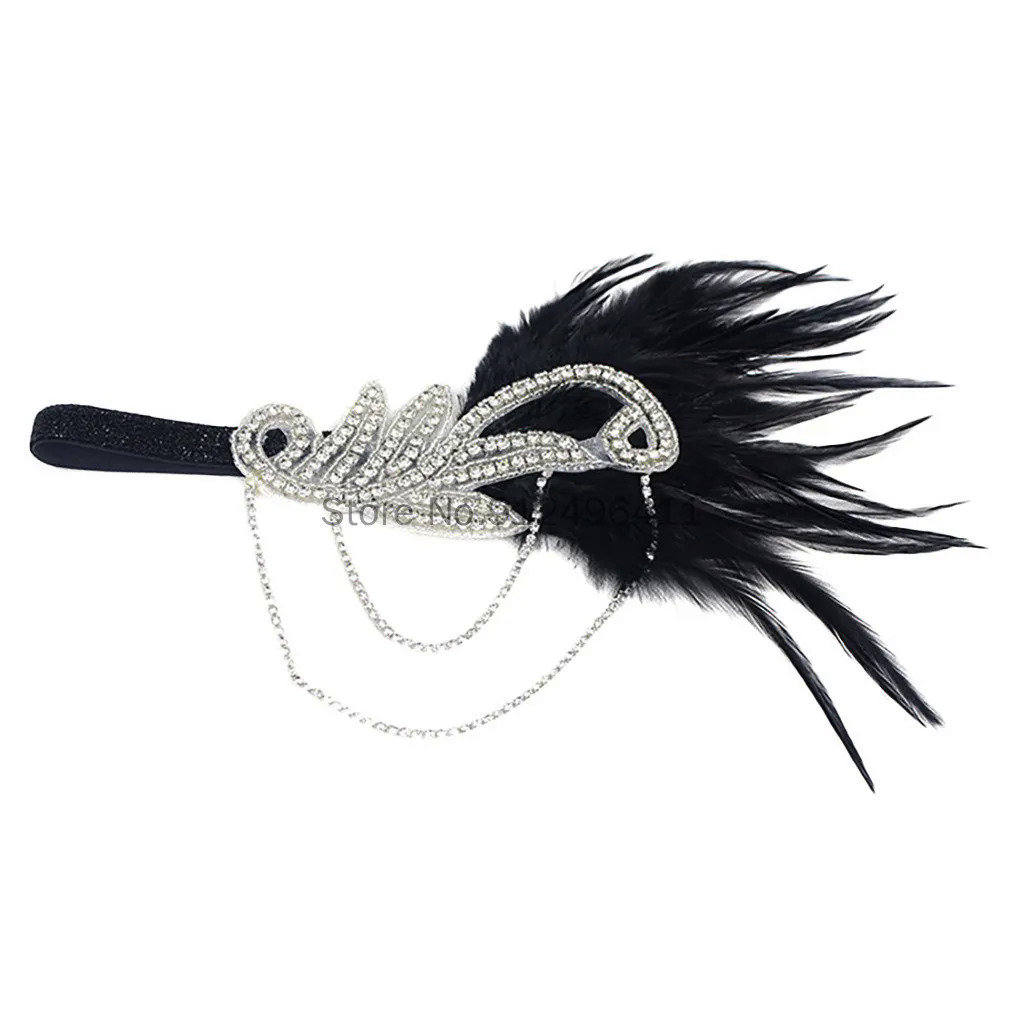 1920S ที่คาดผมขนนกสีดำสำหรับเจ้าสาว Great Gatsby 20S เครื่องประดับคอสเพลย์