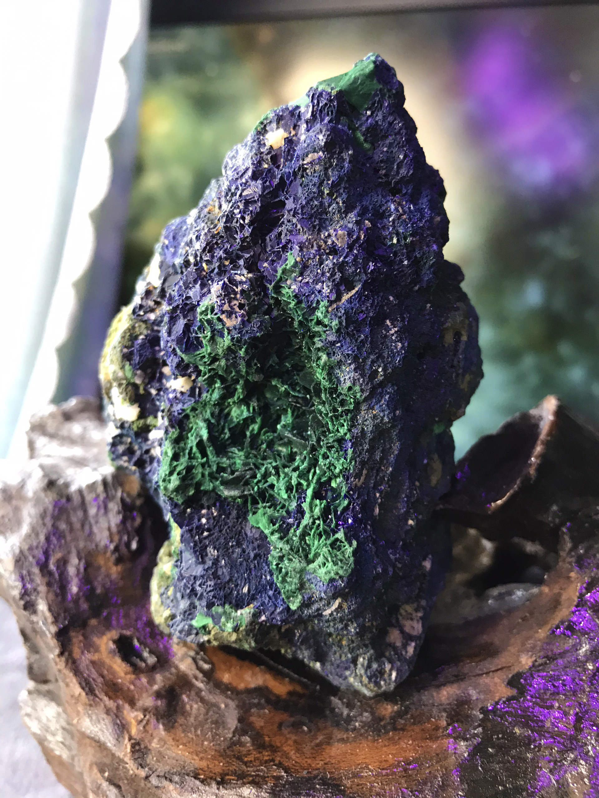 Đá lông công Azurite Malachite tự nhiên kèm đế gỗ Ms53