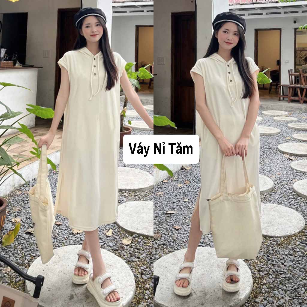 Váy suông xẽ tà chất len tăm dáng dài có mũ, đầm suông nữ phối tay hến from rộng, dáng dài váy yếm dài - đỗ thiện unisex