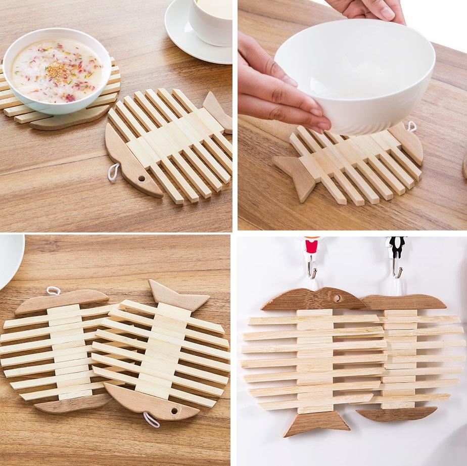 Rế lót nồi - cà phê - cách nhiệt bằng gỗ hình cá và táo MS945