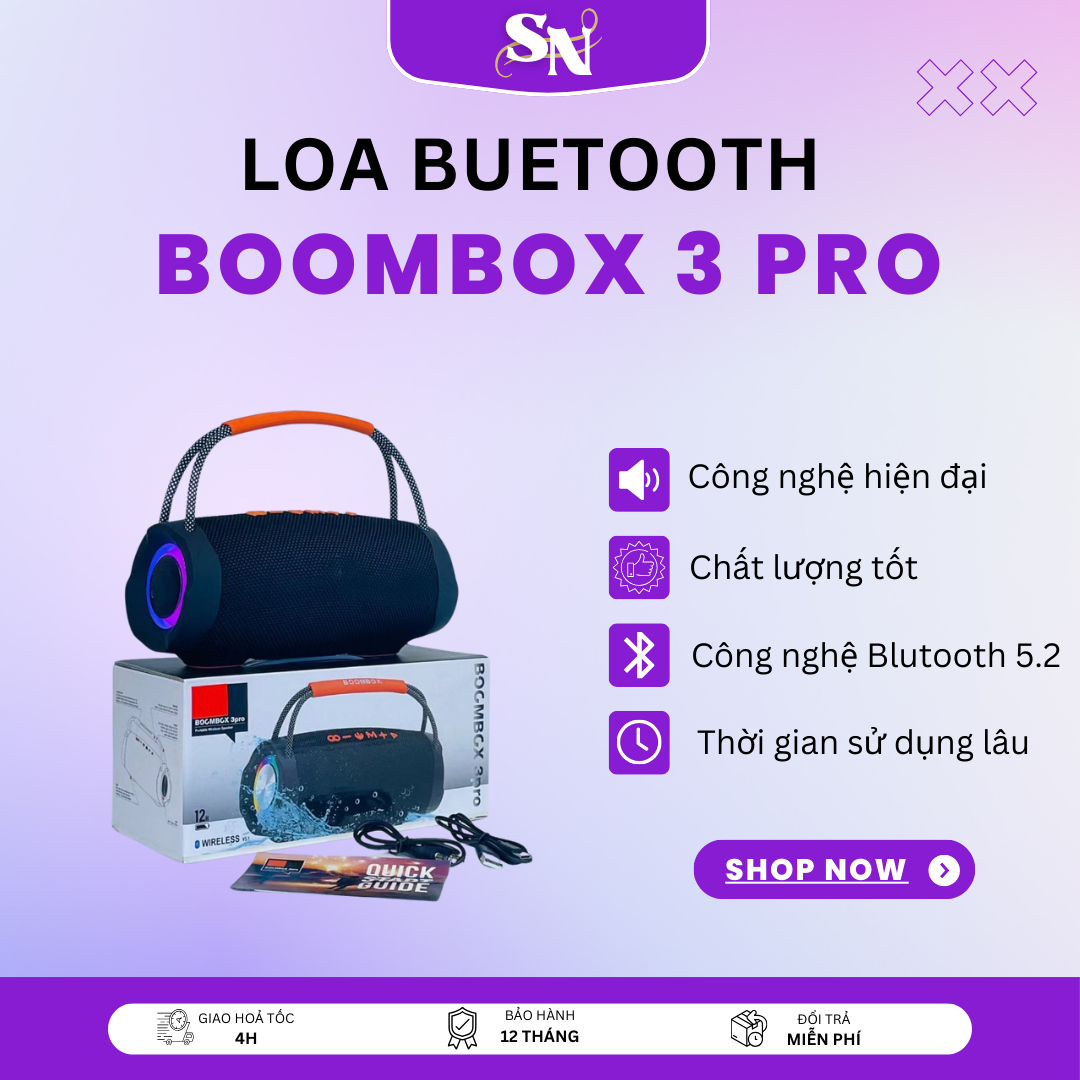 Loa Bluetooth Bombox 3 Pro đèn leb bass mạnh âm thanh lớn Pin tới 6h – Kết nối nhiều loa cùng lúc Loa Bluetooth Boombox 3 Pro Thế Hệ Mới Bass Mạnh Âm Thanh Cực Đỉnh Bluetooth 5.2, Thiết Kế Cực Đẹp