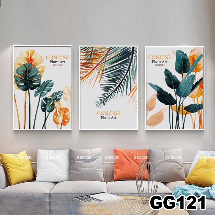 Tranh treo tường canvas 3 bức phong cách Bắc Âu 121, tranh lá cây nhiệt đới trang trí phòng khách, phòng ngủ, phòng ăn, spa, decor