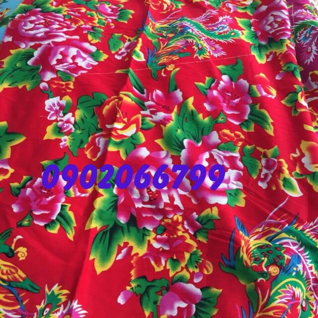 Vải chăn con công màu đỏ khổ vải 1,6m