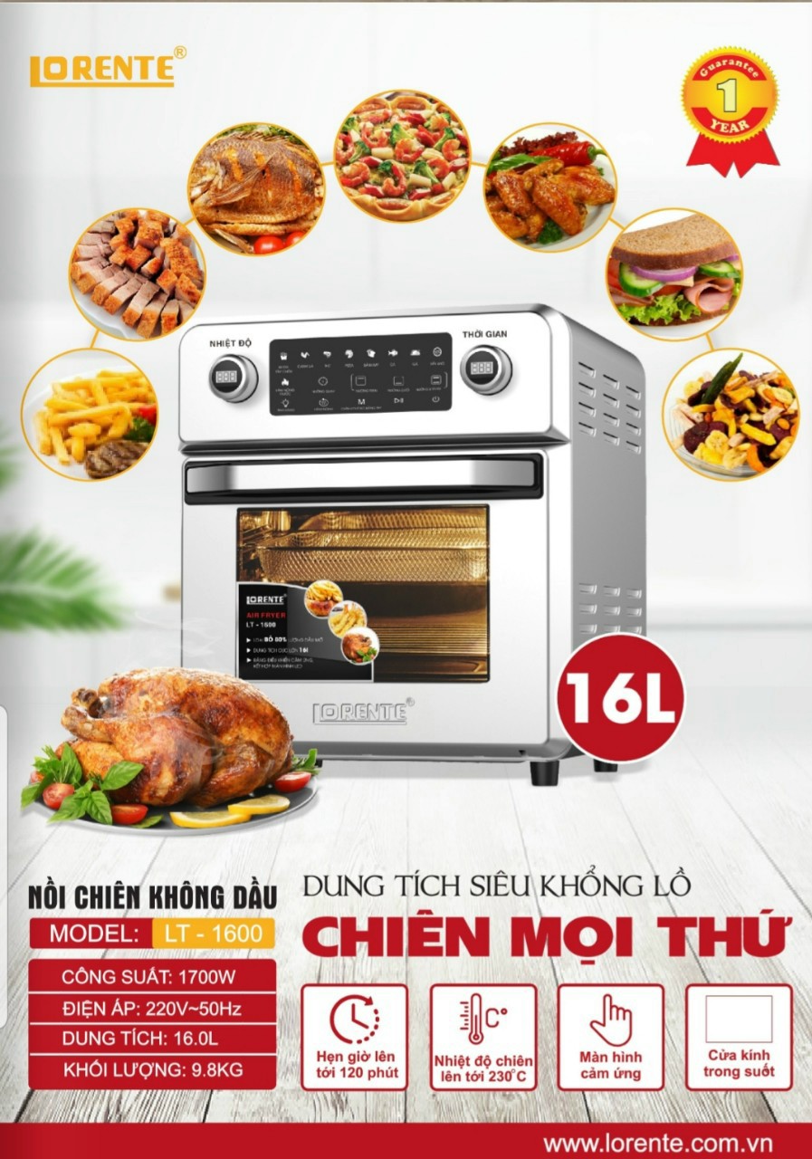 [TẶNG BỘ XIÊN 10 QUE] Nồi Chiên Không Dầu Kiêm Lò Nướng Đa Năng Cao cấp 16 Lít - Lorente LT-1600 - Bếp Chiên Không Khí Air Fryer
