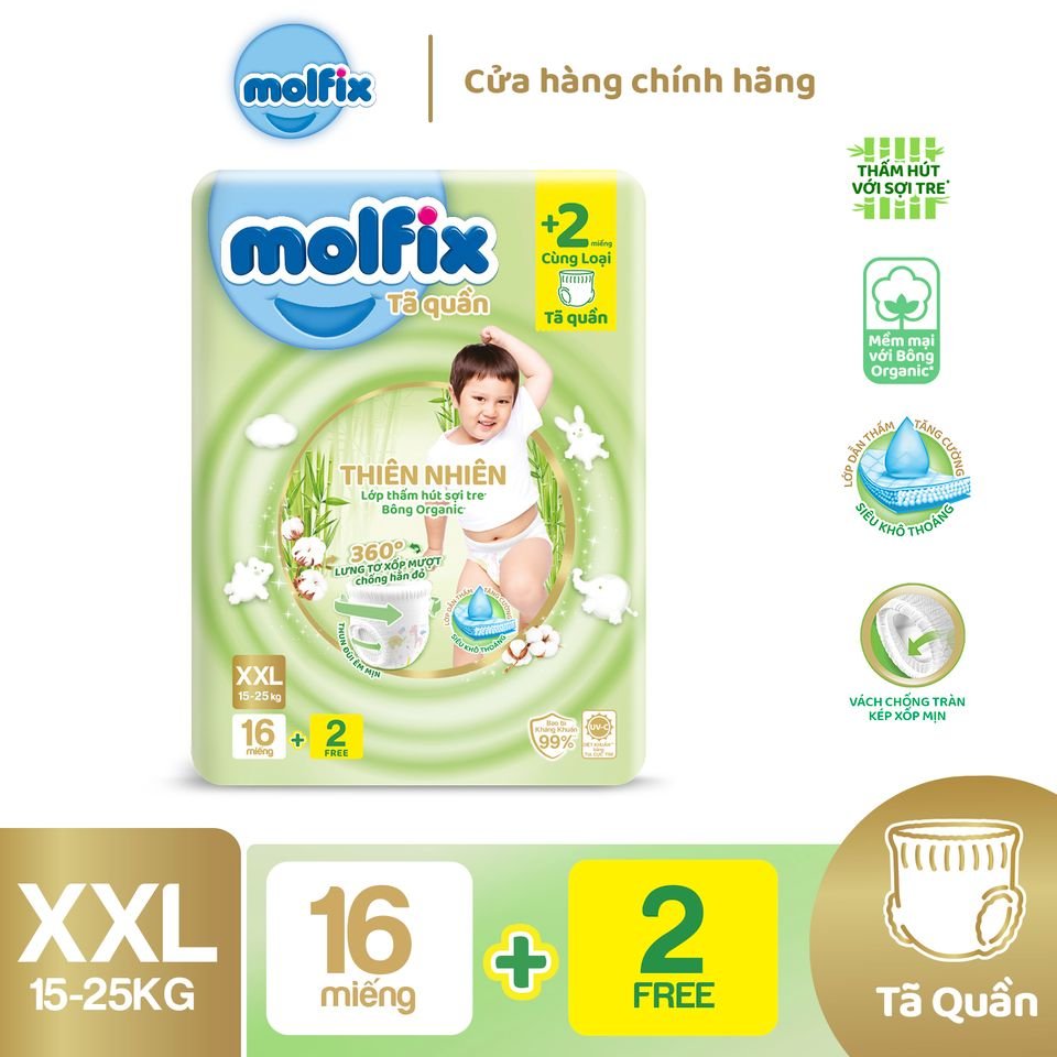 Tã/bỉm quần Molfix Thiên nhiên Regular XXL (15kg - 25kg) - Gói 16+2 miếng