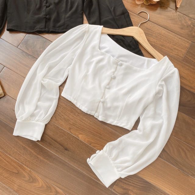 [HCM]Áo croptop tay phồng nút bọc siêu xinh