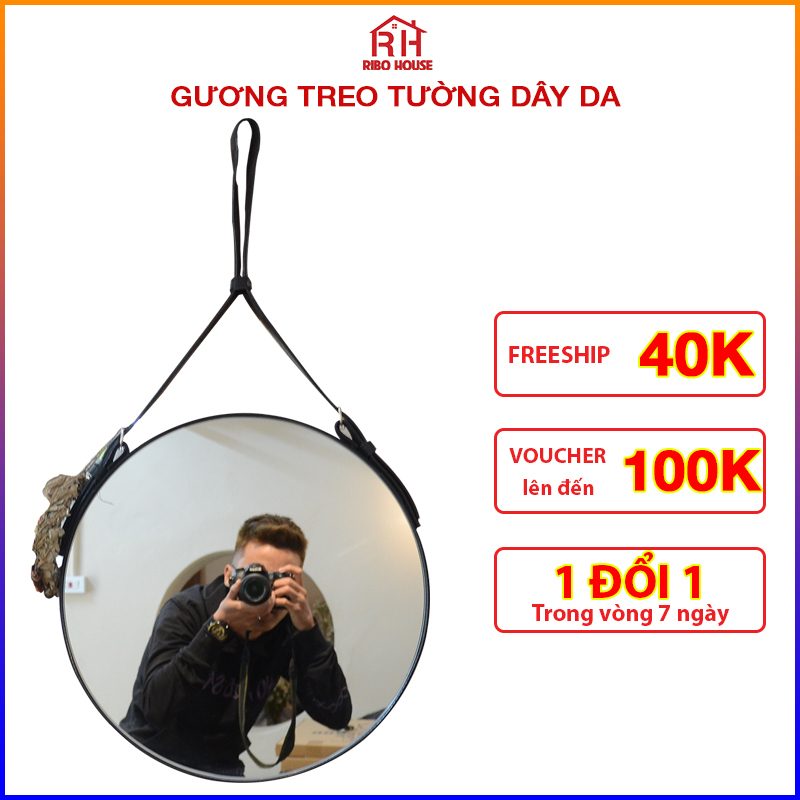 Gương treo tường dây da RIBO HOUSE mặt kính cường lực nội thất trang trí nhà cửa D40cm RIBO41