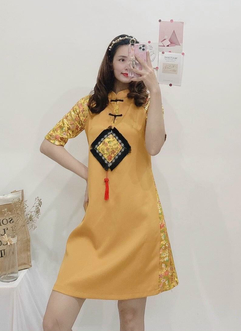 [HCM]Đầm phối gấm Thượng Hải dáng suông